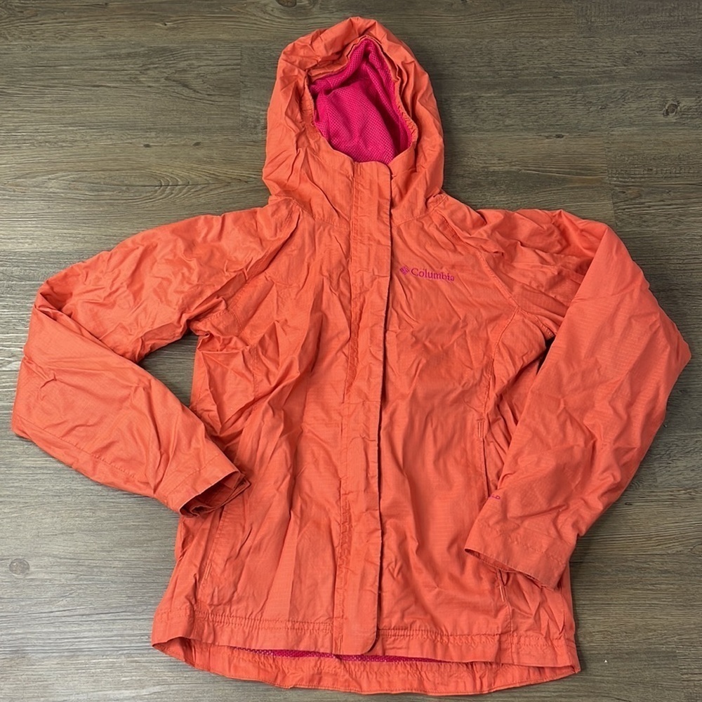 Columbia Girls Orange Pink Hooded Zip Up Windbreaker, size Girls medium